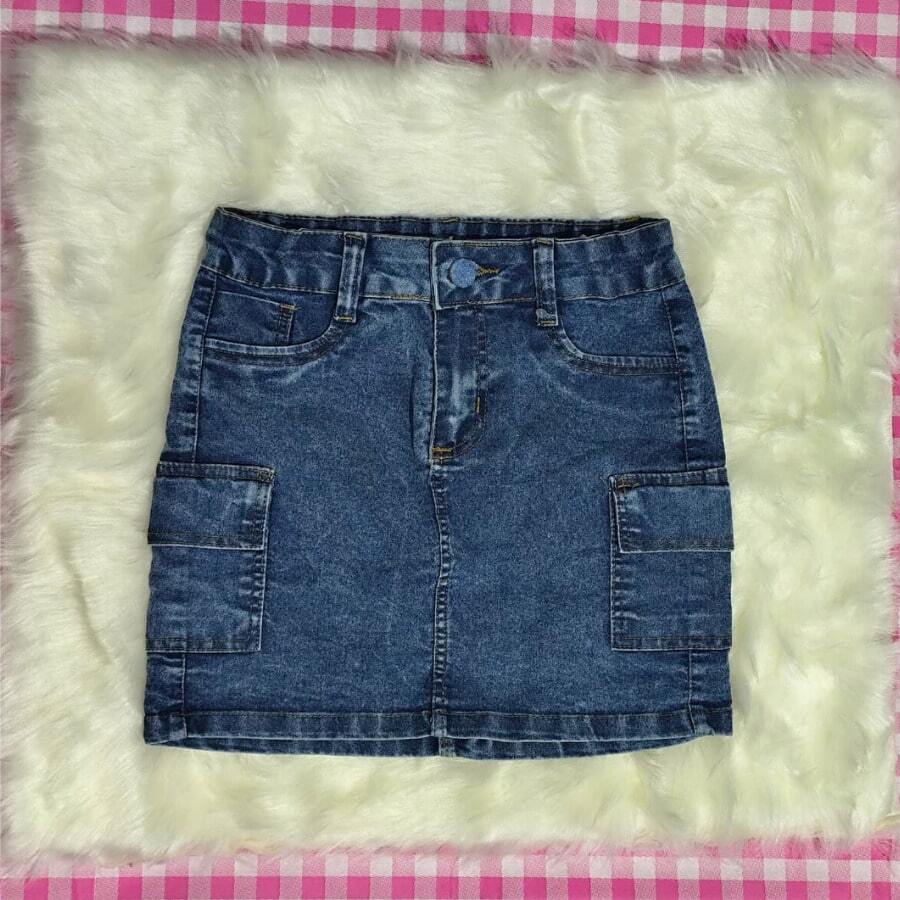 Aia Cargo Jeans For Children And Teens, Black And Beige, With Side Pockets, Adjustable Waist, Blogger Style - 中等水洗藍 - 查看 1