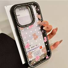 Pink Polka Dot Bear Heart Bow Empty Patterned Clear Acrylic Double-Sided Rhinestone-Encrusted Phone Case Is Compatible With IPhone 17 Pro Max/Air/16/15/14/13/12/11. It's An Ideal Gift For Christmas, Valentine's Day, And New Year's, Perfect For Boyfriends, Girlfriends, And Family. - Black - View 6