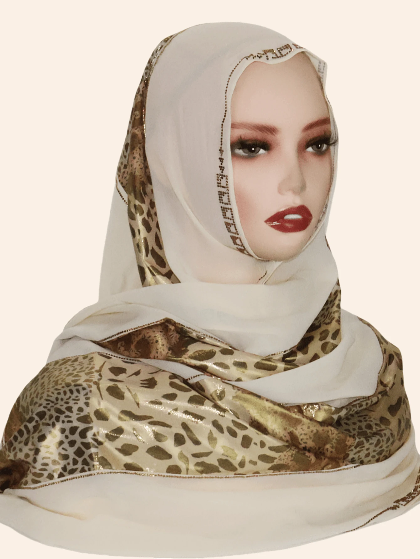 1 Stück modischer, eleganter muslimischer Hijab Kopftuch für Frauen, Patchwork Druckmuster mit Strass-Handwerkskunst, orientalischer Stil langer Schal - langer Schal im Patchwork-Stil mit Leopardenmuster - Übersicht 1