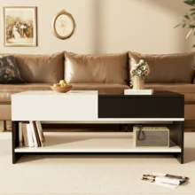 Modern Coffee Table With 2 Drawers – Black And White Design, Storage Space, Glossy Lacquered Top, Length 100 Cm - Black - View 3
