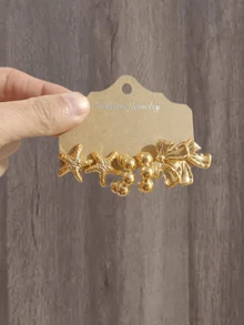 2-18件套时尚优雅轻盈蝴蝶结、海星、贝壳多元素女士耳环首饰，适合全年日常佩戴 - 金色 - 查看 3