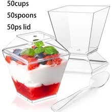 10/25/50cps 2.5oz This Reusable Mini Square Cup Comes With Optional Lids And Spoons For Flexible Matching, Catering To All Your Needs. With A Variety Of Sizes To Choose From, It Effortlessly Fits Weddings, Corporate Parties, Family Get-Togethers, Children's Day Celebrations And Other Occasions! - Clean - View 19