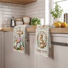 2pcs Simple Spring Easter Bunny & Egg Pattern Kitchen Towels, Soft Polyester Material Dish Cloths, Suitable For Kitchen Decor, Cleaning, Holiday Party Decoration, Kitchen & Bathroom Essentials, Home Decor, Housewarming Gift - Multicolor - View 6