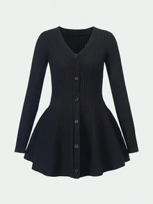 Y2K Simple Casual Front Opening Fitted V-Neck Long Sleeve Ribbed Hem Sexy Knit Sweater Dress - Autumn Outfit - Black - View 1
