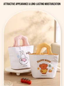 Fashionable Portable Lunch Bag, White Base With Pink Handle, Cute Cartoon Print, Fabric Material, Aluminum Foil Lining, Easy To Clean, Wide Handle For Comfortable Grip, Smooth Zipper Design, Large Capacity, Suitable For Daily Use, Lunch, Picnic, Leisure, Cartoon Enthusiasts, Young Women, Students, Office Workers, Etc.