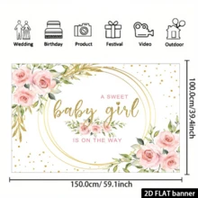 2D Flat 1pc Pink Baby Shower Backdrop - A Little Girl Is Coming, With Floral Blooms And Greenery Design, 2D Flat Photography Background, Suitable For Indoor Outdoor Decor, Photo Booth Props, Home Celebration
