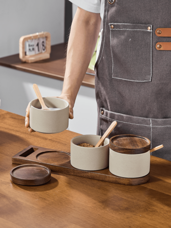 Retro Ceramic Spice Jars With Acacia Wood Lids & Trays - 3 Styles (2/3/4-Piece Set), Airtight Seasoning Containers With Bamboo Spoon For Kitchen Countertop Organization