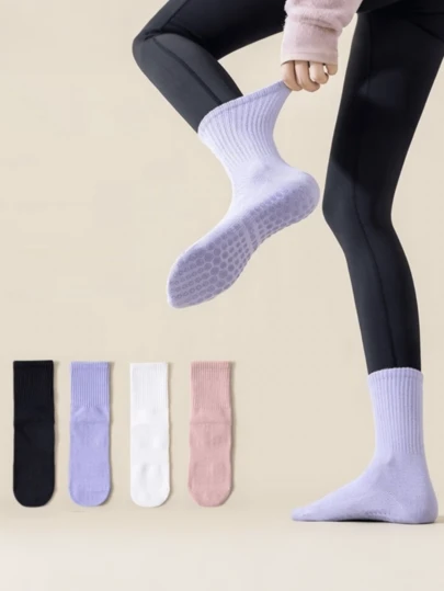 5 Pairs Solid Color Mid-Calf Yoga Socks, Silicone Non-Slip Long Tube Sports Socks, Unisex, Suitable For Indoor Sports, Yoga, Pilates, Outdoor Cycling, Running Mid-Calf Socks