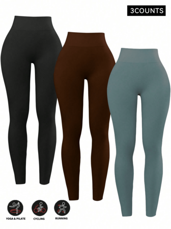 三件套纯色紧身裤套装，女士高腰无缝紧身裤，高腰加垫瑜伽裤带口袋，收腹塑形，四向弹力，适合运动和跑步