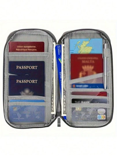 Unisex Travel Passport Wallet - Features A Zippered Design, Available In Various Colors, With Compartments For ID Cards, Credit Cards, And Mobile Phones, A Black And White Mesh Storage Pocket, And A Portable, Foldable Storage Bag. A Must-Have For Holidays, It Safely Stores Documents, Tickets, And Cards. A Secure Travel Passport Holder, Perfect As A Gift For Valentine's Day, Ramadan, Or New Year.