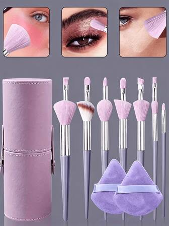 Eid Mubarak Purple Makeup Brush Set Includes Foundation Brush, Powder Brush, Eye Shadow Brush, Concealer Brush, Flocked Triangle Puff, Minimalist Round Storage Bucket