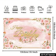 1 Watercolor Flower-Themed Birthday Background Cloth, Girl's Birthday Party Decoration Items, Pink Birthday Banner Hanging Cloth, Spring And Summer Butterfly Flowers, Rose And Moon Flowers