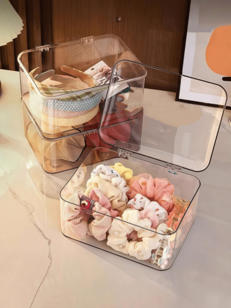 1 pieza/2 piezas Caja de almacenamiento de joyas de moda, diseño elegante con tapa abatible y transparente a prueba de polvo, perfecta para organizar pasadores de pelo, diademas y bandas elásticas, solución de almacenamiento apilable multifuncional, adecuada para cajones, tocador y baño, regalo ideal para la novia en Navidad, Acción de Gracias, Año Nuevo y San Valentín, mejora tu espacio con decoración práctica y elegante.