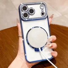 حافظة هاتف مطلية بالكريستال اللامع مع حماية العدسة، مرآة مكياج لامعة وحامل خاتم للأصبع، إطار مقاوم للصدمات عالي الجودة، متوافقة مع أجهزة 17/16E/15/14/13/12/11/X/XS Max/XR/Pro Plus، Galaxy A02S-A07/A12-A17/A22-A26/A32-A36/A50-A56/S20-S25، Honor Magic، OPPO Reno، متوافقة مع Redmi، Infinix Smart وغيرها - الأزرق - مشاهدة 8