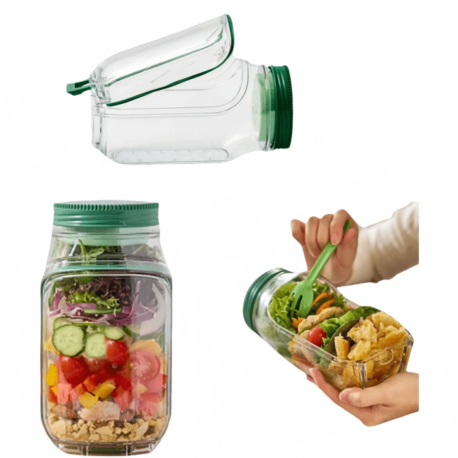 1/2pcs 32oz Mason Jar Salad Container With Side Spout And Leak-Proof Lid - Microwave, Dishwasher, Fridge - Sealed Salad Jar With Dressing Cup, Stackable Design, Suitable For Meal Prep, Lunch, Dinner, Office, Travel - Multicolor - View 1