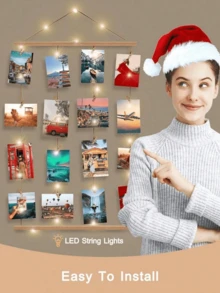 一套 15.8*27.6 英寸照片相框拼贴墙饰 - 30/15 个夹子和可调节挂绳，可展示多张照片 - 北欧风格照片墙系统 - 圣诞节纪念板、节日家居装饰、新年照片拼贴、适合拍照的墙面艺术、冬季北欧风装饰（不含灯饰） - 彩色 - 查看 6