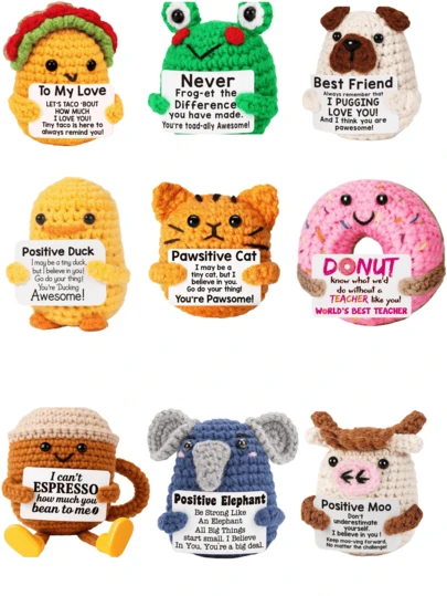 Mini Positive Crochet Penguin, Creative Hand-Knitted Desktop Ornaments, Funny Inspirational Birthday Gifts For Women Men Friend Coworker, Handcrafted Warm And Encouraging Cards, Office Desk Decoration Ornaments, Shark Duck With Positive Card, Birthday Christmas Emotional Cute Decor, Christmas Stocking Stuffing Gifts.