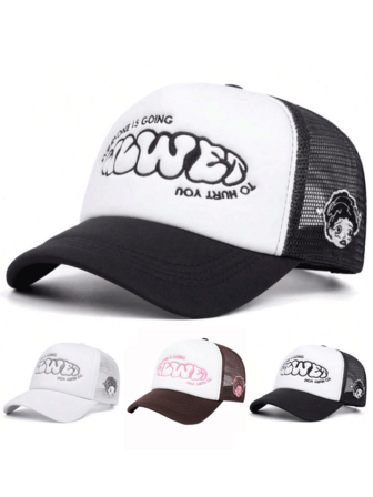 Casquette de camionneur à dos en maille multicolore avec broderie OWEY et texte de slogan, chapeau de mode unisexe pour la rue