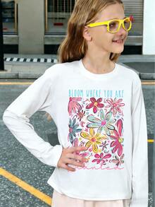 1pc Tween Girl Casual Printed Long Sleeve T-Shirt, Fashionable, Warm And Comfortable Design For Young Students, Spring/Autumn - White - View 2