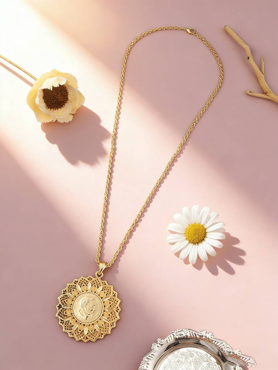 1pc Vintage Imperial Single Layer Napoleon Coin Hollow Round Pendant Necklace, Suitable For Middle Eastern, Moroccan, Arabic Brides, Wedding, Party, Festival, Neck Jewelry Gift - Necklace - View 1