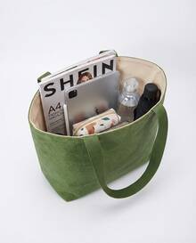 Paper Bag Reusable Waterproof Tear Resistant  Friendly Retro Handbag For Women Casual Shopping Daily Wear High Capacity - Màu xanh lá cây với lớp lót bằng vải bố [kiểu nằm ngang]; 42*32*12cm - Xem 2