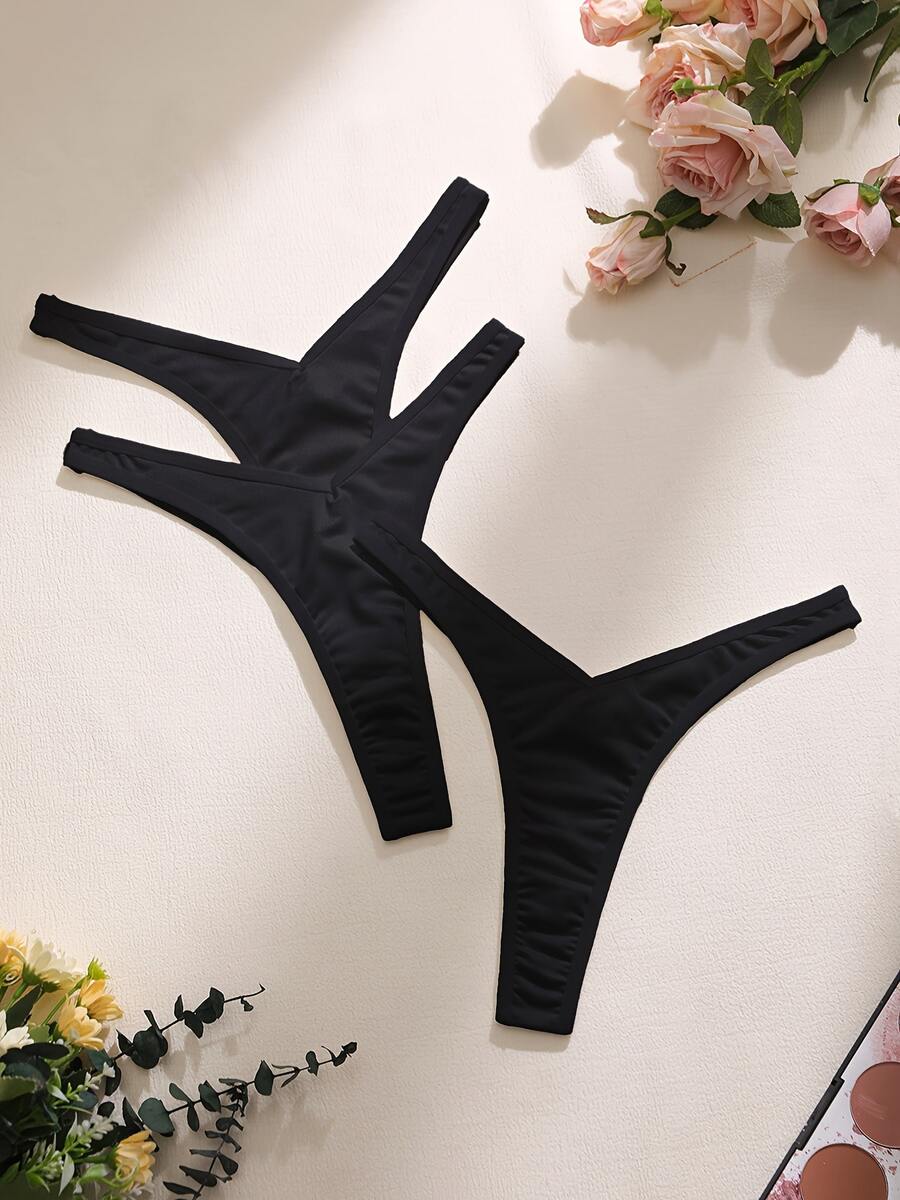 3pcs/Pack Women's Solid Color Comfortable Seamless Thong Panties - Black - View 1