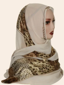 1 Stück modischer, eleganter muslimischer Hijab Kopftuch für Frauen, Patchwork Druckmuster mit Strass-Handwerkskunst, orientalischer Stil langer Schal - langer Schal im Patchwork-Stil mit Leopardenmuster - Übersicht 3