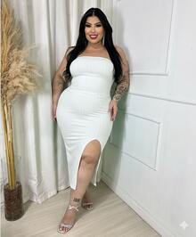 Helena White Midi Luxury Ribbed Strapless Plus Size Dress - White - View 3