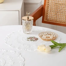 1pc/4pcs Set Floral Design Placemats, Floral Embroidered Polyester Coasters, Round Knitted Fabric Coasters, Heat Resistant & Anti-Slip, Suitable For Dining Table, Restaurant Decor And Home Decoration - Beige - View 2