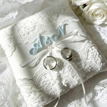 戒指枕 结婚戒指 个性化戒指托 纪念戒指垫 蕾丝珍珠枕 戒指枕 用于固定戒指，适合婚礼通道 - 白色蕾絲亞克力 - 查看 8