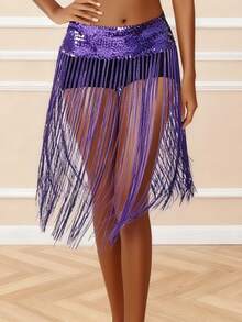 Belly Dance Long Tassel Sequin Waist Skirt, Latin Dance Stage Performance Waist Accessory, Dance Performance Accessory (Multiple Colors Available) - Multicolor - View 5
