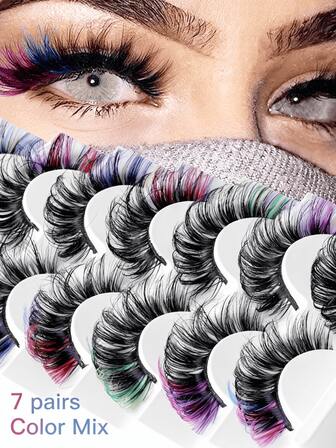7 Pairs Eid Colorful False Eyelashes - Russian Curl D-Type Mixed Length, Thick & Fine Styles, Reusable Multi-Color Combination, Suitable For Cat Eye Makeup And Costume Parties