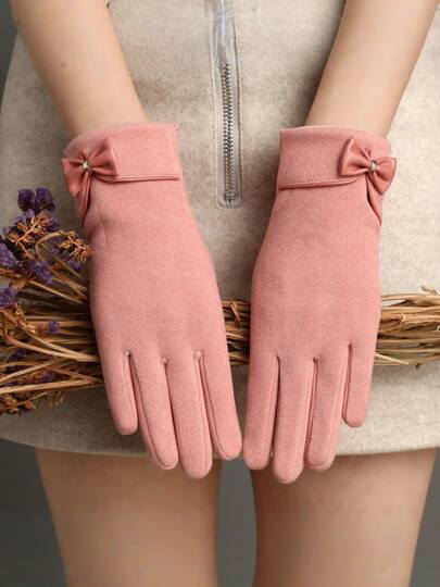 Stylish Velvet Warm Gloves - Cold Weather Gloves With Touch Screen Function, Elegant Bow Decoration, Short Solid Color, Elastic Fit For Women