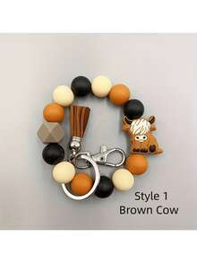 1pc/6pcs Set Cartoon Animal Brown Bull Head Silicone Bead Bracelet Keychain Pendant Vintage Western Style Tassel Wristband Keyring Accessories Gift For Women Bag Charm Purse Charm - Multicolor - View 3
