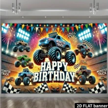 1 Piece, Polyester, Monster Truck Birthday Party Banner, 71X43 Inches, Atmosphere Decoration Background, Outdoor Festival Decoration, Home Garden Decoration, Terrace Decoration, Courtyard Supplies - Multicolor - View 2