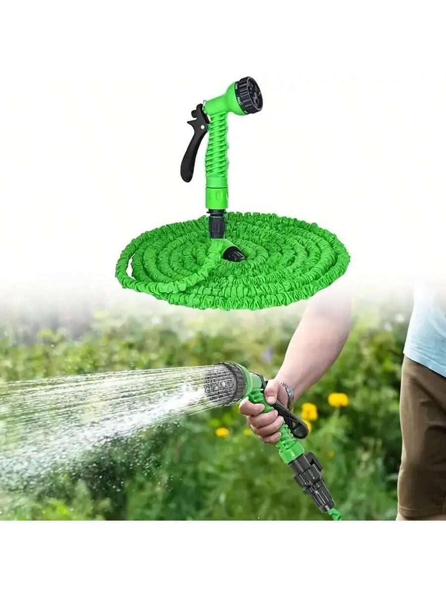 可伸缩花园水管带喷嘴 - 100 英尺，高压多功能水枪，配备 7 种喷水功能，耐用聚乙烯材质，防缠绕设计，高效浇水和清洁，多功能洗车和灌溉喷枪工具，花园灌溉高压洗车工具使用非常方便 - 彩色 - 查看 1