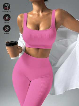 两件套无缝吊带背心和紧身裤，透气舒适，柔软亲肤，适合日常穿着、户外活动、运动健身，女士运动服套装，女士运动套装，紧身裤两件套