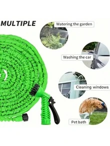 可伸缩花园水管带喷嘴 - 100 英尺，高压多功能水枪，配备 7 种喷水功能，耐用聚乙烯材质，防缠绕设计，高效浇水和清洁，多功能洗车和灌溉喷枪工具，花园灌溉高压洗车工具使用非常方便 - 彩色 - 查看 3