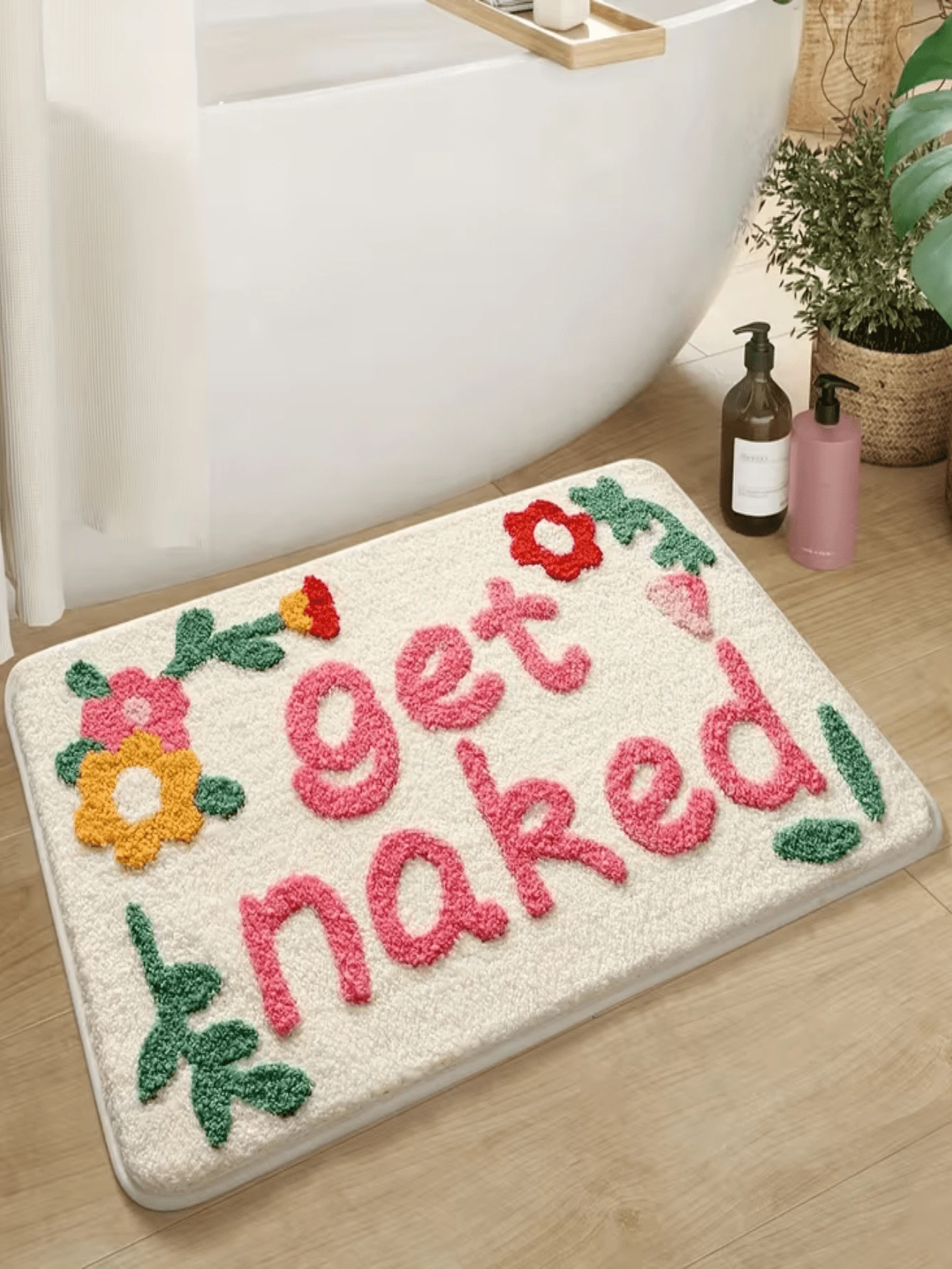 1 件装字母“GETNAKED”印花植绒浴室地垫，高低绒毛纹理，3D 立体花卉植绒图案，适合家庭浴室使用