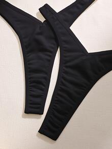 3pcs/Pack Women's Solid Color Comfortable Seamless Thong Panties - Black - View 4