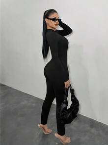 FlowZen Women's New Spring/Summer Black Half-Zip Long Sleeve Jumpsuit, Sexy Slim-Fit Bodysuit, High Elasticity Skin-Friendly Design, Suitable For Commuting, Street, Date, Music Festival, Party, Vacation, Y2K Sexy Girl Essential - Black - View 5