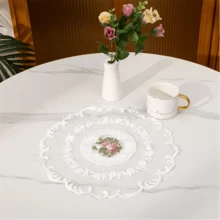 1pc/4pcs Set Floral Design Placemats, Floral Embroidered Polyester Coasters, Round Knitted Fabric Coasters, Heat Resistant & Anti-Slip, Suitable For Dining Table, Restaurant Decor And Home Decoration - Beige - View 3