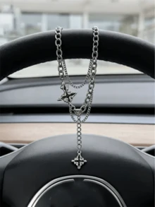 Silver Steering Wheel Chain With Black Cross Pendant, Gothic Style Car Accessory | Unique Gift For Him - Multicolor - View 4