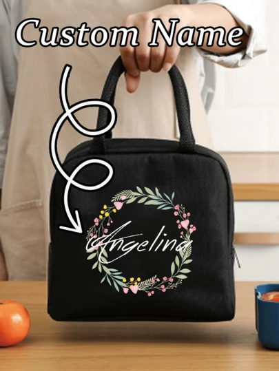 1pc Customized Name Insulated Lunch Bag With Floral Wreath Pattern, Unisex Insulated Lunch Tote Bag For Students, Personalized, Insulated, Handheld, Storage, Picnic Bag, Freshness Keeping, Lightweight, Large Capacity, Fashionable, Birthday Gift, Valentine's Day Gift, Travel Essential, Commute, Daily Use, Ramadan Gift