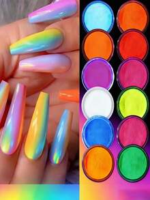 Dofuny INS Viral 12-Colors Neon Rainbow Aurora Chrome Nail Pigment Powder Mirror Effect Iridescent Mermaid Nail Art Glitter Dust - Multicolor - View 2