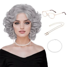 5pcs/Set Grandma Gray Curly Wig & Accessories, Suitable For Elderly Lady Costume, Synthetic Silver Wig For Women, Suitable For Role Play, Halloween Party - Grey - View 1