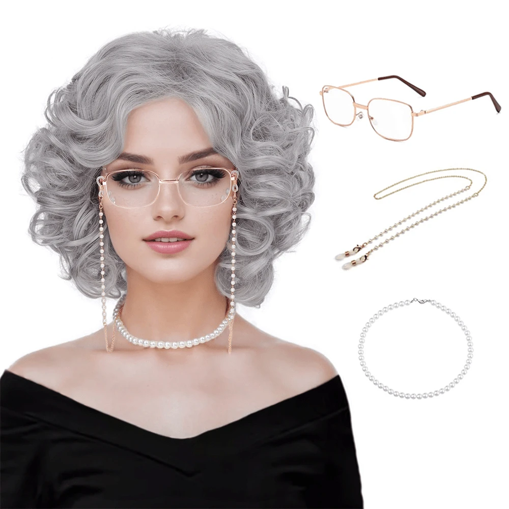 5pcs/Set Grandma Gray Curly Wig & Accessories, Suitable For Elderly Lady Costume, Synthetic Silver Wig For Women, Suitable For Role Play, Halloween Party - Grey - View 1