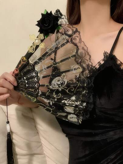 1pc Foldable, Lightweight, Decorative Black Lace Rose Pattern Hand Fan, Suitable For Gothic Fashion Enthusiasts, Valentine's Day Gift Lovers, Party Participants, Clothing Accessories, Daily Outfits And Photography Props