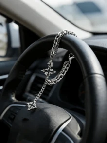Silver Steering Wheel Chain With Black Cross Pendant, Gothic Style Car Accessory | Unique Gift For Him - Multicolor - View 6
