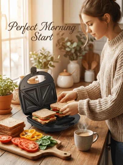  SOKANY 115 Sandwich Maker, Household Breakfast Machine, Bread Toaster Grill Combo, Non-Stick Coating Plates, Heat-Resistant Wooden Body, Constant Temperature Control, Indicator Light, Overheat Protection, 750W Power, Fast Heat Conduction, Quick Sandwich Making, PFAS-Free Non-Stick Coating, Easy To Clean, Compact Design, Easy To Store